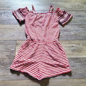 Patriotic girls romper. red & white stripes with navyblue details on the sleeves